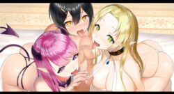 1boy 3girls ass bikini chinpoki dark_skin elf erect_nipples fellatio fffm_foursome foursome horns interracial licking_penis licking_tip light-skinned_female light_skin nipples penis pointy_ears swimsuits tail thong topless uncensored