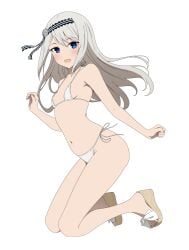 1girls absurd_res absurdres accurate_art_style anime_style bare_arms bare_back bare_legs bare_midriff bare_shoulders bare_thighs belly blue_eyes blush breasts cleavage closed_fist collarbone coro_fae feet female female_focus female_only groin hair_ornament hand_up high_resolution highres jumping kaguya-sama_wa_kokurasetai_~tensai-tachi_no_renai_zunousen~ legs light_skin looking_at_viewer nude official_style petite petite_body petite_breasts petite_female schoolgirl shirogane_kei silver_hair simple_background simple_shading slender_waist slim_waist small_breasts smile solo straight_hair student teenager thighs thin_waist toes v-line white_background white_hair
