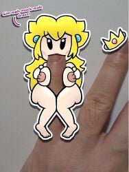 1girls 1other ambiguous_gender blonde_hair breasts chabble english_text female female_focus long_hair mario_(series) minigirl nipples nude paper_mario photo_background princess_peach sucking text