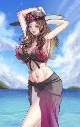 1girls absurdres alboeire alternate_costume bikini black_bikini blue_sky bracelet breasts brown_hair cleavage dorothea_arnault dorothea_arnault_(summer) female female female_only fire_emblem fire_emblem:_three_houses fire_emblem_heroes green_eyes hat highres jewelry long_hair midriff multicolored_clothes multicolored_swimsuit navel nintendo ocean official_alternate_costume red_bikini sarong see-through sky solo swimsuit
