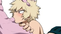 1boy 1girls angry blonde_hair deepthroat fellatio female_bakugou genderswap_(ftm) genderswap_(mtf) grabbing_hair gripping_hair hand_on_head head_grab katsuki_bakugou mina_ashido my_hero_academia pink_skin red_eyes rule_63 shoganight skirt spiky_hair