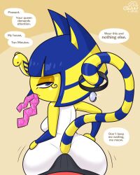1boy 1girls animal_crossing ankha ankha_(animal_crossing) ass back back_view blue_eyes blue_hair boner bulge cat_ears cat_humanoid cat_tail clothed clothing cobatsart collar condom dialogue domestic_cat dominant_female erection erection_under_clothes expressionless felid female female_focus fully_clothed furry inminent_sex jiggling_ass looking_at_viewer looking_back male nintendo penis penis_under_clothes pov shortstack standing tagme tease text voluptuous yellow_body yellow_skin