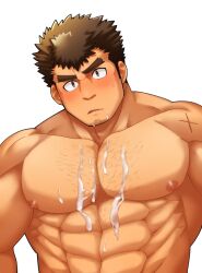 1boy abs bad_id bad_pixiv_id bara blush brown_hair cum cum_on_body cum_on_male cum_on_pectorals facial facial_hair goatee goatee_stubble implied_yaoi kengo_(tokyo_afterschool_summoners) large_pectorals long_sideburns looking_at_viewer male_focus muscular muscular_male nipples nude obliques oskn_tengoku parted_lips pectorals scar short_hair sideburns solo sparse_chest_hair strongman_waist stubble takabushi_kengo thick_eyebrows tokyo_afterschool_summoners upper_body