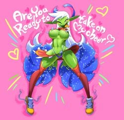 big_breasts cheerleader fangs goblin goblin_female gogo_(minus8) green_skin kneesocks minus8 original pink_background pointy_ears pom_poms shoes skimpy skirt skirt_lift sweat text thong tongue_out underboob white_hair wide_hips yellow_eyes