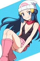 ai_generated black_shirt blue_eyes blue_hair blush blushing_at_viewer breasts cleavage creatures_(company) dawn_(pokemon) female game_freak gen_4_pokemon grabbing_own_ass inner_sideboob long_hair looking_at_viewer nintendo no_bra no_panties pink_scarf plunging_neckline pokemon pokemon_(anime) pokemon_dppt scarf shirt skirt sleeveless small_breasts smile thighs white_headwear