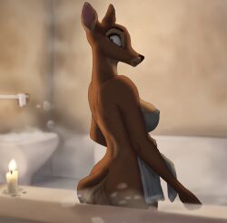 ai_generated anthro ass breasts deer deer_girl disney faline female furry red_eyes soap_bubbles solo stable_diffusion sylvanal towel water