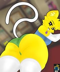 ass_focus blurry_background chez-arts commission female fluffy_face green_panties large_ass large_breasts looking_at_viewer looking_back lying_on_stomach neko neko_noob noisemaker noob roblox roblox_avatar white_stockings white_tail yellow_body yellow_ears