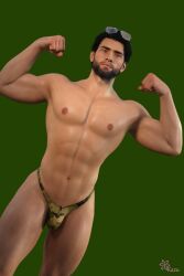 1boy 1human 3d 3d_(artwork) 3d_model abs artist_logo artist_name beard black_hair brown_eyes camo_bottomwear dark_green_background facial_hair flexing flexing_arms human kazuworks looking_at_viewer male male_nipples male_only male_thong muscles muscular_male mustache no_visible_genitalia original original_character pecs penis_bulge scantily_clad skimpy_thong smooth_skinned_male solo sunglasses_on_head