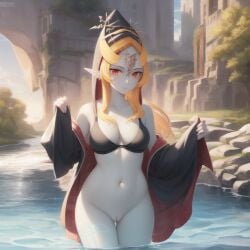 1girls ai_generated big_breasts black_sports_bra breasts clothing female female_only happy long_hair midna ruptuorie shorts solo the_legend_of_zelda twili_midna