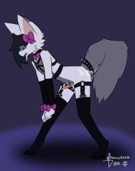 alex_(hakeliin) anthro arm_warmers armwear ass bodily_fluids canid canine clothed clothing cum cum_in_ass cum_in_mouth cum_inside cum_on_butt cum_on_face cum_on_penis disgust disgusted_expression disgusted_face excessive_cum excessive_genital_fluids femboy fox genital_fluids genitals hair hakeliin harness hi_res humanoid hybrid leg_warmers legwear male mammal partially_clothed penis solo tail