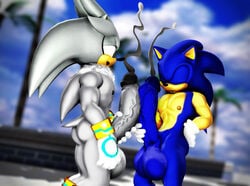 2boys anthro balls black_nose blue_body cum cumshot green_eyes grey_body hair half-closed_eyes hedgehog male male/male ne0kami nipples penis silver_the_hedgehog smile sonic_(series) sonic_the_hedgehog yaoi yellow_eyes