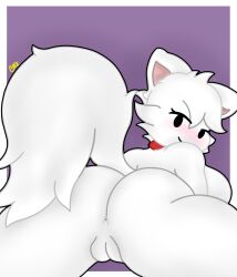 ass_focus blush chez-arts comission female furry furry_ears furry_tail hole horny_female looking_at_viewer lying_on_stomach nude_female open_legs pussy red_collar roblox roblox_avatar white_body