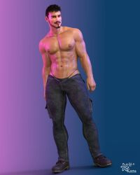 1boy 1human 1male 3d 3d_(artwork) 3d_model bara bara_tiddies bara_tits black_hair black_thong erect_nipples kazuworks male male_focus male_only masculine muscles muscular muscular_male oc original original_character pants shirtless shirtless_male skimpy_underwear solo solo_focus solo_male