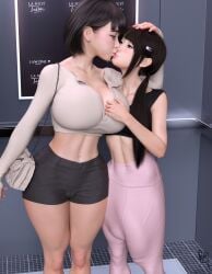 1futa 1girls 3d asian asian_female ayumi_(viiseon) big_balls big_breasts big_penis bob_cut bulge camel_toe elevator female fully_clothed futanari huge_balls huge_breasts huge_cock kissing long_hair short_top viiseon yuna_(viiseon)