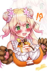 !? 1boy 1girls @_@ artist_name bangs bar_censor bare_shoulders bear_paws between_breasts blonde_hair blush breasts censored cum dark-skinned_male double_bun eyebrows_visible_through_hair facial female flower frills gloves green_eyes hair_between_eyes hair_flower hair_ornament highres hololive hololive_gen_5 hololive_japan large_breasts light-skinned_female light-skinned_male light_skin momosuzu_nene oerba_yun_fang open_mouth paizuri paw_gloves penis two_side_up virtual_youtuber zero130_(zero130rider/zero13010)