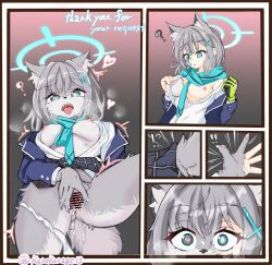 <3_eyes 1girl 1girls 2024 ?! abydos_high_school_student accessory animal_humanoid anthro anus blue_archive bodily_fluids breasts canid canid_humanoid censored clothing digital_media_(artwork) english_text female foreclosure_task_force_(blue_archive) fur fur_growth genital_fluids genitals gloves grey_body grey_fur grey_hair growth hair hair_accessory hairclip halo handwear heart hi_res humanoid humanoid_to_anthro kurokurage13 mammal mammal_humanoid nipples pawpads presenting presenting_pussy pussy question_mark shiroko_(blue_archive) solo surprise text tongue tongue_out transformation vaginal_fluids wolf_ears wolf_girl