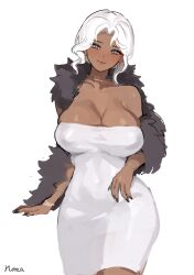 1girls breasts brown_skin dark-skinned_female dark_skin dress female huge_breasts long_hair naughty_face norza original original_character simple_background thick_thighs thighs white_hair wide_hips