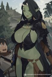 ai_generated annoyed annoyed_expression armor breasts ex-ragnarokknight green_skin large_breasts lips monster_girl oni taller_female taller_girl