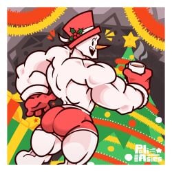 ass ass_focus bara christmas christmas_tree hot_chocolate lanopoli male muscular muscular_male presenting_ass raspadillo_(lanopoli) red_shorts short_shorts shorts smacking_ass smacking_own_ass snowman solo surprised_look