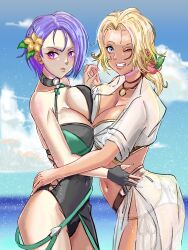 2girls alboeire alternate_costume ass asymmetrical_docking bikini black_choker black_one-piece_swimsuit black_swimsuit blonde_hair blue_eyes breast_press breasts catherine_(fire_emblem) catherine_(summer)_(fire_emblem) choker cleavage expressionless female female_only fire_emblem fire_emblem:_three_houses fire_emblem_heroes flower hair_flower hair_ornament highres large_breasts medallion multiple_girls official_alternate_costume one-piece_swimsuit one_eye_closed purple_eyes purple_hair see-through see-through_shirt see-through_skirt shamir_nevrand shamir_nevrand_(summer) shirt short_hair side-tie_bikini_bottom side_slit skirt smile swimsuit tan white_bikini white_shirt white_skirt white_swimsuit yuri