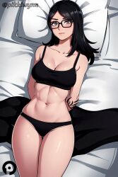 abs ai_generated arms_behind_back black-framed_eyewear black_bra black_hair black_panties bra breasts cleavage collarbone female fortnite glasses jawbreaker_(fortnite) long_hair looking_at_viewer lying navel on_back panties pikkiwynn pillow solo tattoo underwear