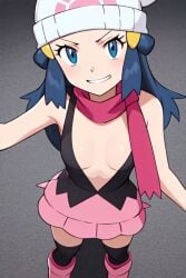 ai_generated black_shirt blue_eyes blue_hair blush blushing_at_viewer breasts cleavage creatures_(company) dawn_(pokemon) female game_freak gen_4_pokemon inner_sideboob long_hair looking_at_viewer nintendo no_bra no_panties pink_scarf plunging_neckline pokemon pokemon_(anime) pokemon_dppt scarf shirt skirt sleeveless small_breasts smile thighs white_headwear