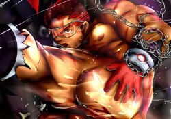 1boy akashi_(live_a_hero) bara bodysuit breath broken_eyewear censored chained chains doro_rich facial_hair gloves goatee live_a_hero long_sideburns looking_at_viewer male_focus mosaic_censoring muscular muscular_male pectorals penis presenting_ass red_eyes red_hair scar scar_on_face scar_on_nose short_hair sideburns solo sweat thick_eyebrows torn_bodysuit torn_clothes