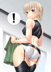 ! 1girls :< absurdres armpit_crease ass back bad_anatomy bare_arms bare_shoulders black_garter_belt black_shirt black_thighhighs blonde_hair blue_eyes blush breasts butt_crack colored_eyelashes covered_nipples cowboy_shot crotch_seam curvy dress female_only from_behind from_below gakkou_gurashi! garter_belt green_skirt hair_between_eyes high_resolution highres impossible_shirt indoors legs_together light-skinned_female light_particles looking_back medium_hair midriff naoki_miki panties panties_over_garter_belt pleated_skirt raised_eyebrows school_uniform schoolgirl shiny_clothes shiny_thighhighs shirt short_hair skindentation sleeveless_turtleneck speech_bubble spoken_exclamation_mark sway_back thighhighs thighs tile_ceiling turtleneck unworn_clothes unworn_skirt white_panties white_wall window wolf_cut