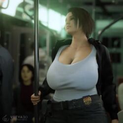 1girls 3d animated belt bouncing_breasts breasts cleavage clothing female huge_breasts human jiggle jill_valentine jill_valentine_(sasha_zotova) outerwear pale_skin police_badge public resident_evil solo sound subway tagme video vreya3d