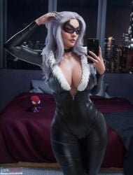 1girls 3d black_cat_(insomniac) black_cat_(marvel) felicia_hardy female female_only fully_clothed insomniac_games itslaiknsfw laiknsfw latex long_hair marvel mirror_selfie selfie sideboob solo spider-man_(ps4) spider-man_(series)