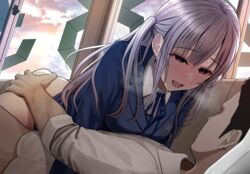 ass_grab blush clouds idolmaster idolmaster_shiny_colors long_hair producer_(idolmaster) purple_eyes sex sky turisasu vaginal_penetration yuukoku_kiriko