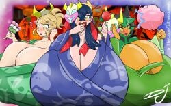 3girls alternate_breast_size big_breasts blush breast_expansion breasts carmine_(pokemon) djthepokemen gigantic_breasts growth huge_breasts inflation juliana_(pokemon) kimono mask mask_on_head massive_breasts ogerpon pokemon pokemon_sv pokemon_sv_teal_mask surprised tight_clothing yukata