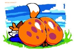 ai_generated anthro ass big_butt canid canine clothing cloud fox freckles_on_butt fur grass hellsonger hi_res huge_butt mammal microsoft on_front orange_body orange_fur outside plant sky solo soups_(superiorfox) white_body