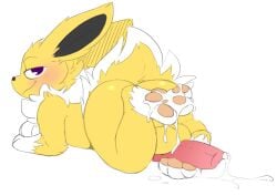 1boy alternate_color animal_genitalia animal_penis anthro ass backsash balls blush bodily_fluids canine_penis cum cum_on_feet digital_media_(artwork) eeveelution erection feet feet_up feral fur furry genital_fluids hair hindpaw jolteon knot looking_at_viewer looking_back lying lying_on_stomach male male_only mammal nintendo original_character pawpads paws penis pokémon_(species) pokemon pokemon_rgby purple_eyes simple_background sketch smile solo solo_male testicles video_games yellow_fur