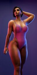 1girls 3d big_breasts bikini blizzard_entertainment breasts dark-skinned_female dark_skin female female_only leotard one-piece_swimsuit overwatch overwatch_2 pharah serpentarts3d shaved_armpits smiling solo swimsuit thick_thighs