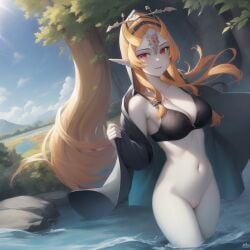 1girls ai_generated big_breasts black_sports_bra breasts clothing female female_only happy long_hair midna ruptuorie shorts solo the_legend_of_zelda twili_midna