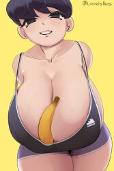 1girls banana big_breasts black_eyes black_tank_top breast_focus breasts clothing female female_only huge_breasts komi-san_wa_komyushou_desu komi_shuuko large_breasts looking_at_viewer lycoris_(artist) mature mature_female mature_woman milf mother object_between_breasts purple_hair short_hair shorts smile solo solo_female tank_top