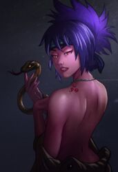 1animal 1girls back bare_shoulders breasts brown_eyes coat cursed_seal female from_behind lipstick long_hair looking_at_viewer makeup mitarashi_anko naruto naruto_shippuden necklace ponytail purple_hair shoulder_tattoo skerrus snake tattoo tied_hair topless