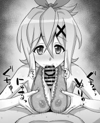 1boy akatsuki_kirika bar_censor bow breasts censored covered_nipples cross_hair_ornament fellatio female grabbing_own_breast greyscale hair_between_eyes hair_ornament hairbow highres inai_uchi lingerie medium_breasts medium_hair monochrome nipples oral paizuri penis pov see-through_clothes senki_zesshou_symphogear straight underwear