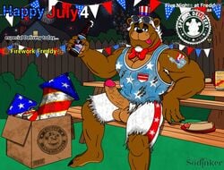 1boy 2020 4th_of_july anthro balls bara bear beer big_penis bow_tie bowtie box clothed clothing drunk english_text firework_freddy fireworks five_nights_at_freddy's gay glasses half-closed_eyes holding_beer holidays hot_dog house looking_at_viewer male male_only no_humans penis plate sitting smile smiling smiling_at_viewer solo sondinker_fazbear's special_delivery table tattoo tongue tongue_out top_hat tree video_games