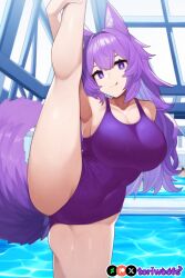 1girls :3 :p ai_generated breasts curvy cute dog_ears dog_girl doggirl female female_only happy highres hips holding_leg huge_breasts indoors kemonomimi leg_up light_skin light_skinned_female long_hair one-piece_swimsuit patreon_username petgirl petite pool public purple_ears purple_eyes purple_hair purple_tail standing_split swimsuit thick_thighs thighs tight_clothing tongue_out tori toriwoofs watermark wide_hips wolf_ears