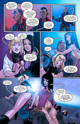 blonde_hair bombshell_(lana_baumgartner) comic dark-skinned_male dark_hair ffm_threesome gwen_stacy hairband hairy_pussy interracial lana_baumgartner marvel marvel_comics miles_morales partially_clothed penis pussy rubbing_pussy speech_bubble spider-man spider-man_(series) straight_hair threesome