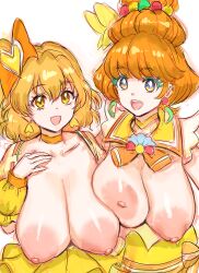 2girls alternate_breast_size bangs blonde_hair blush bow breasts breasts_bigger_than_head chinpokonyan choker clothing cure_papaya cure_pine dress earrings female food-themed_earrings fresh_precure! hair_ornament highres ichinose_minori jewelry large_areolae large_breasts long_hair looking_at_viewer magical_girl medium_breasts nipples open_mouth orange_hair precure pretty_cure smile tropical-rouge!_precure yamabuki_inori yellow_eyes