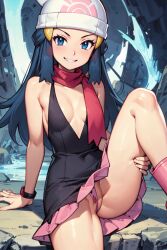 ai_generated black_shirt blue_eyes blue_hair blush blushing_at_viewer breasts cleavage creatures_(company) dawn_(pokemon) female game_freak gen_4_pokemon inner_sideboob lifting_leg long_hair looking_at_viewer nintendo no_bra no_panties pink_scarf plunging_neckline pokemon pokemon_(anime) pokemon_dppt pussy scarf shirt skirt sleeveless small_breasts smile thighs upskirt white_headwear