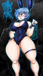 armband ayanami_rei blue_hair bunny_ears bunnysuit cleavage collar neon_genesis_evangelion neopn_genesis_evangelion painted_nails rei_ayanami thick_thighs usamari_atari