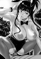 1boy animal_ears arm_up armpits bar_censor black_hair black_leotard breasts breasts_out censored chicken4260 clothing_aside cowgirl_position fake_animal_ears female female_pubic_hair greyscale headband highres large_breasts leotard leotard_aside male_pubic_hair monochrome nipples open_mouth original pantyhose penis playboy_bunny pubic_hair pussy rabbit_ears sex straddling straight strapless strapless_leotard textless_version torn_clothes torn_pantyhose vaginal_penetration wristband