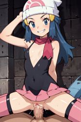 ai_generated black_shirt blue_eyes blue_hair blush blushing_at_viewer breasts cleavage cowgirl_position creatures_(company) dawn_(pokemon) female game_freak gen_4_pokemon hand_behind_head inner_sideboob long_hair looking_at_viewer nintendo no_bra no_panties pink_scarf plunging_neckline pokemon pokemon_(anime) pokemon_dppt pussy scarf semen sex shirt skirt sleeveless small_breasts smile thighs vaginal_penetration white_headwear