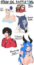 2024 au_ra black_hair blue_eyes blue_hair blush_lines breasts cev cev_rosa clothing demon_horns elf_ears facial_markings final_fantasy final_fantasy_xiv flower_in_hair frown glasses green_eyes honeysham horns hyur large_breasts long_hair looking_at_viewer miqo'te nipples nude nude_female original_character original_characters pink_eyes raen short_hair smiling_at_viewer white_hair