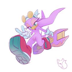 anthro avian beak bird blue_eyes breasts eyelashes female fingers half-closed_eyes hoverboard mostly_nude purple_body purple_feathers purple_hair pussy reddishfox_(artist) shoes sonic_(series) sonic_riders sonic_the_hedgehog_(series) swallow swallow_(bird) tail_feathers v_sign wave_the_swallow