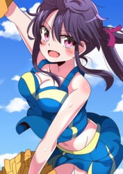 absurdres arm_up blue_skirt blue_sky blush breasts cheerleader cleavage cloud collar day ebisuzawa_kurumi eyebrows_visible_through_hair female gakkou_gurashi! highres oerba_yun_fang sinakyo twintails